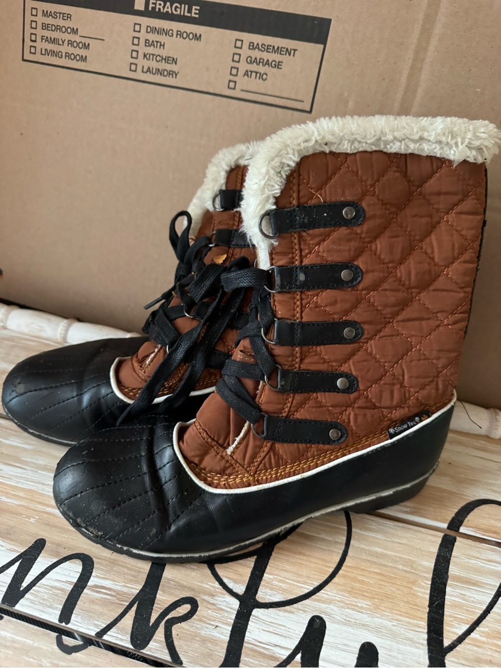 Quilted Faux-Fur Snow Boots - Brown/Black
